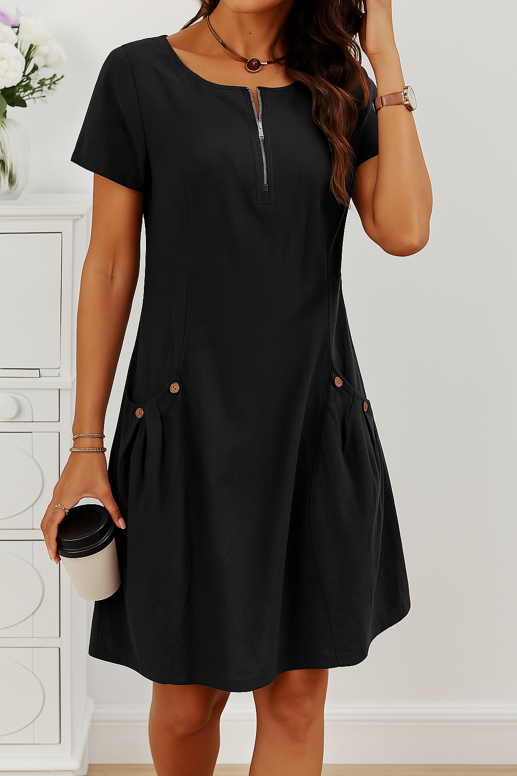 Eliza™ | Elegant Cotton Dress with Short Sleeves and Pockets